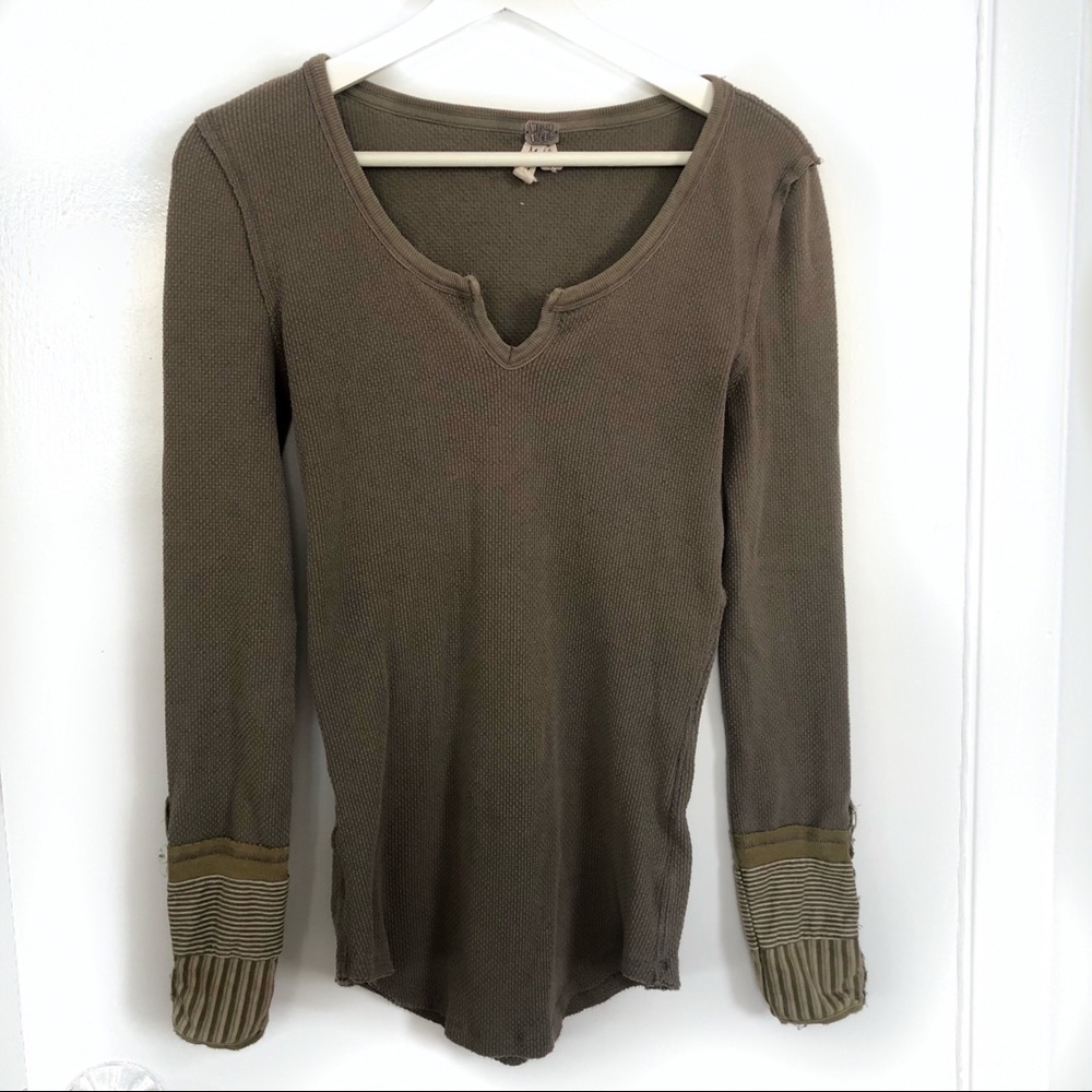 Free People Khaki Green Waffle Knit Long Sleeve Thermal Top